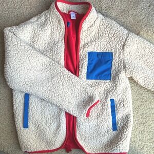 LEGO Kids Fleece Sherpa Zip Up Jacket Cream Blue Red Zip Pocket Kids Size M